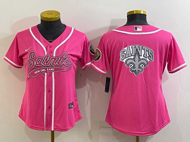Women%27s New Orleans Saints Pink Team Big Logo With Patch Cool Base Stitched Baseball Jersey